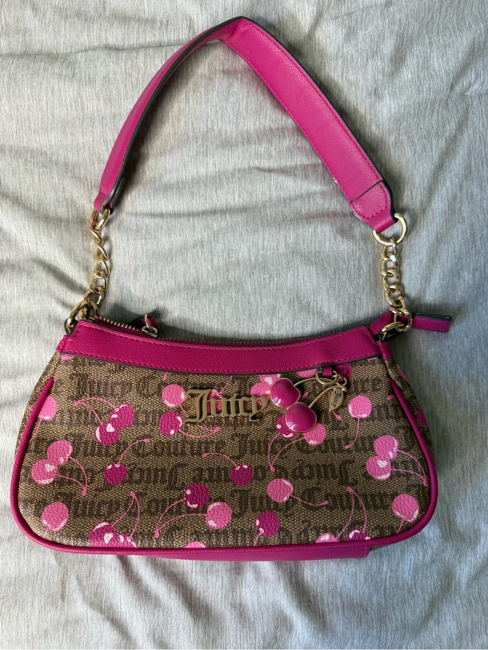 Juicy Couture Brown Logo Shoulder Bag with Pink Cherry Print